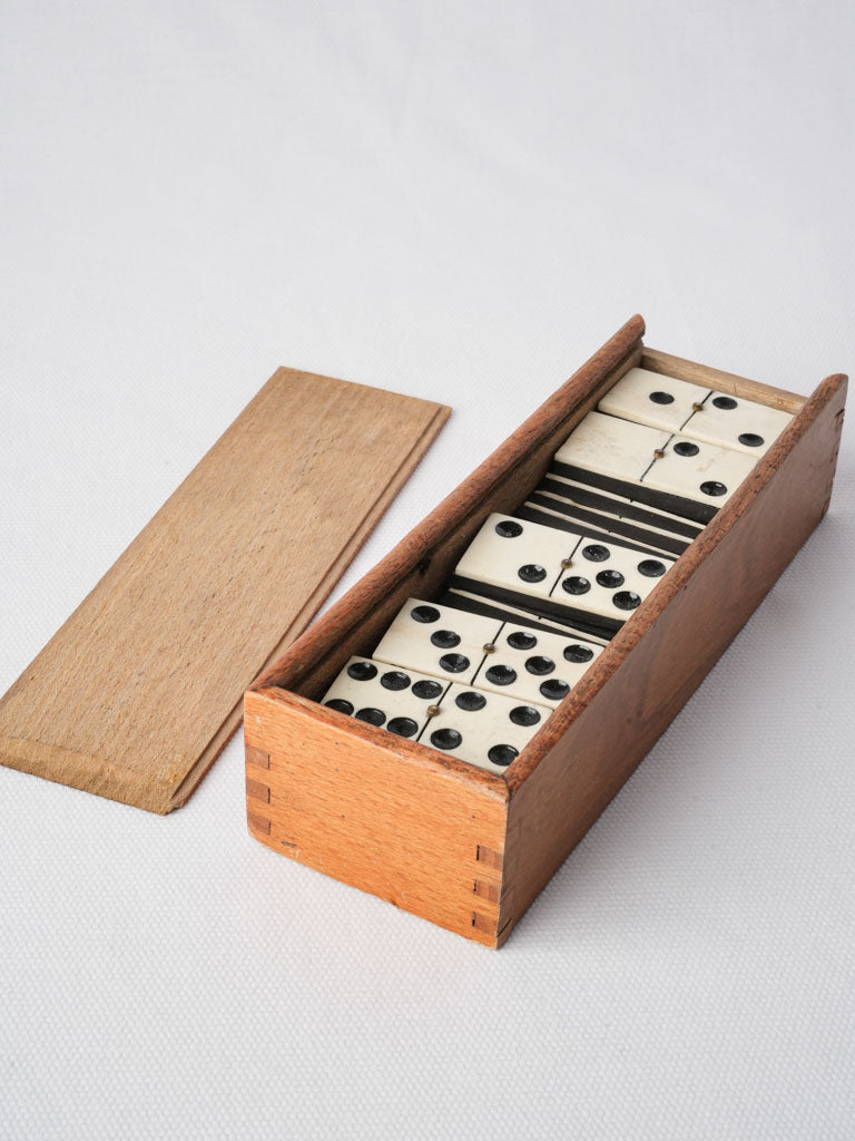 Early 20th Century Wooden Domino Box w/ Bone-and-Ebony Tiles - 8"