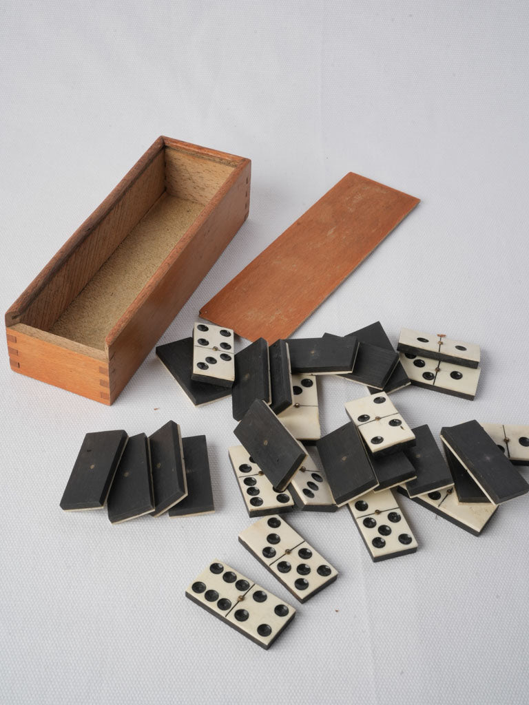 Early 20th Century Wooden Domino Box w/ Bone-and-Ebony Tiles - 8"