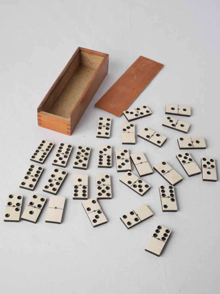 Early 20th Century Wooden Domino Box w/ Bone-and-Ebony Tiles - 8"