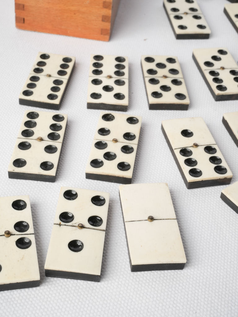 Early 20th Century Wooden Domino Box w/ Bone-and-Ebony Tiles - 8"