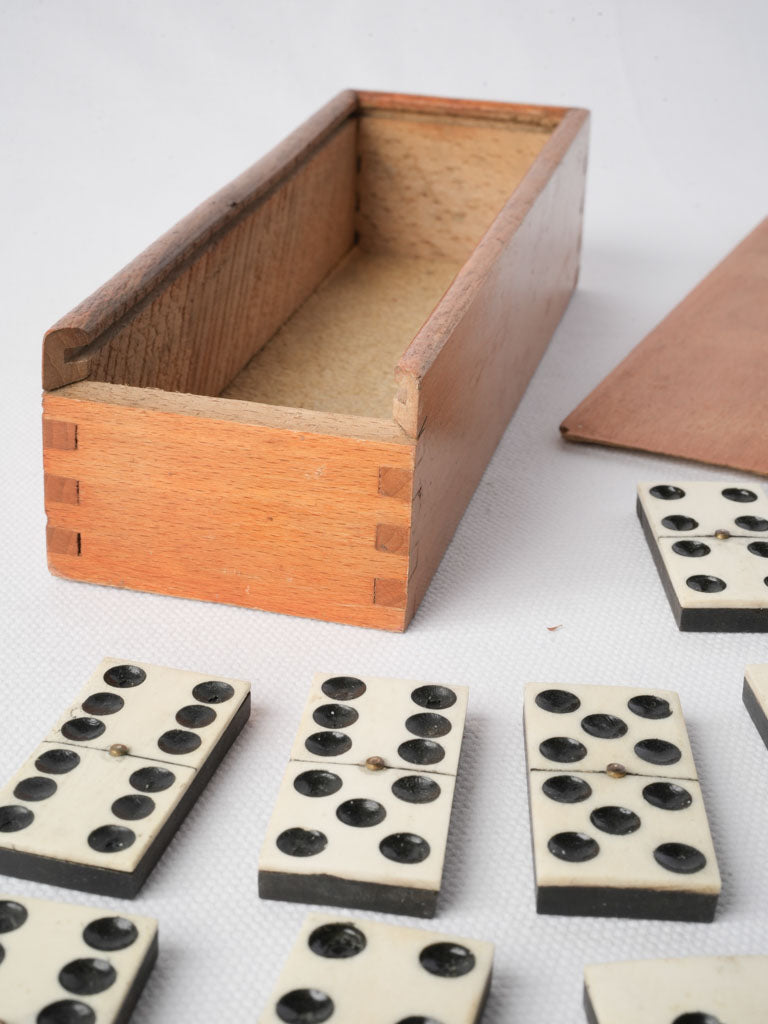 Early 20th Century Wooden Domino Box w/ Bone-and-Ebony Tiles - 8"