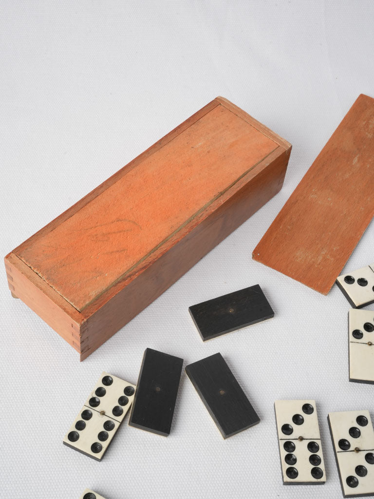 Early 20th Century Wooden Domino Box w/ Bone-and-Ebony Tiles - 8"