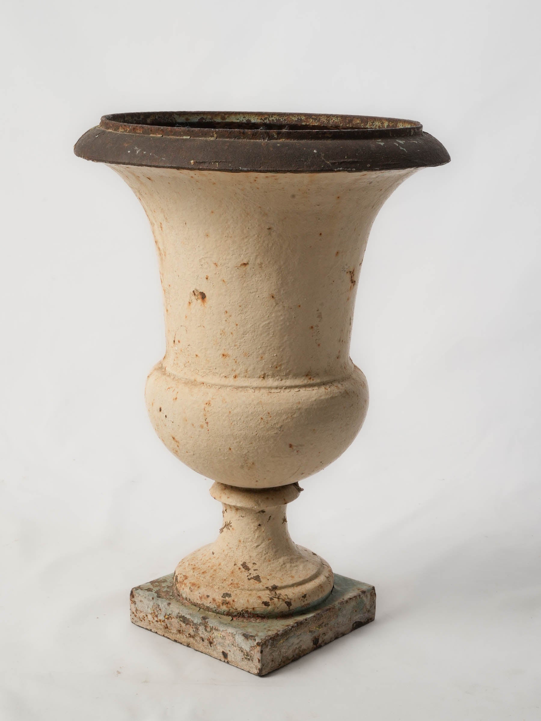 Antique French Cast-Iron Medici Garden Urn with Weathered Painted Surface - 21¼"