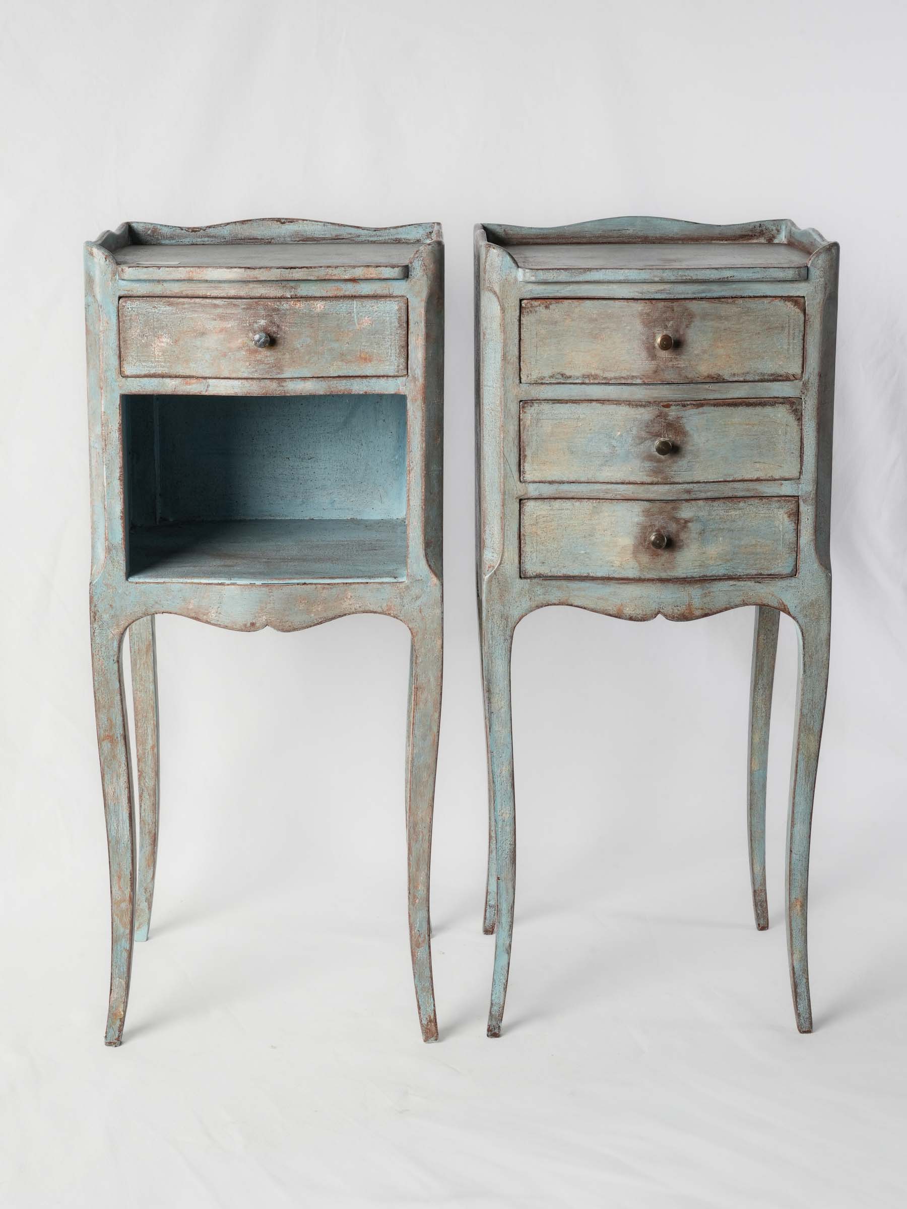 French Country Bedside Tables w/ Distressed Blue Patina - 28¾"
