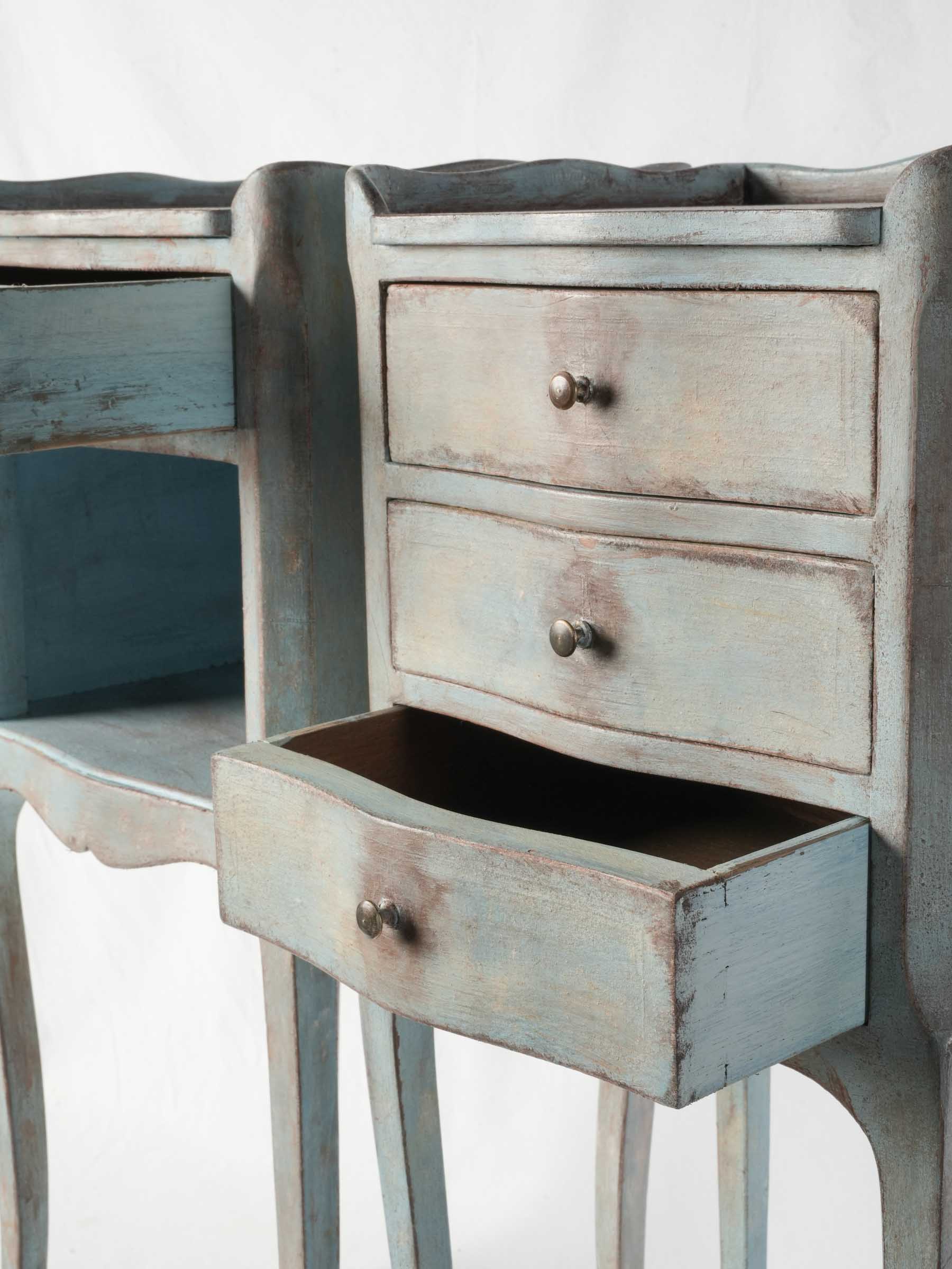 French Country Bedside Tables w/ Distressed Blue Patina - 28¾"