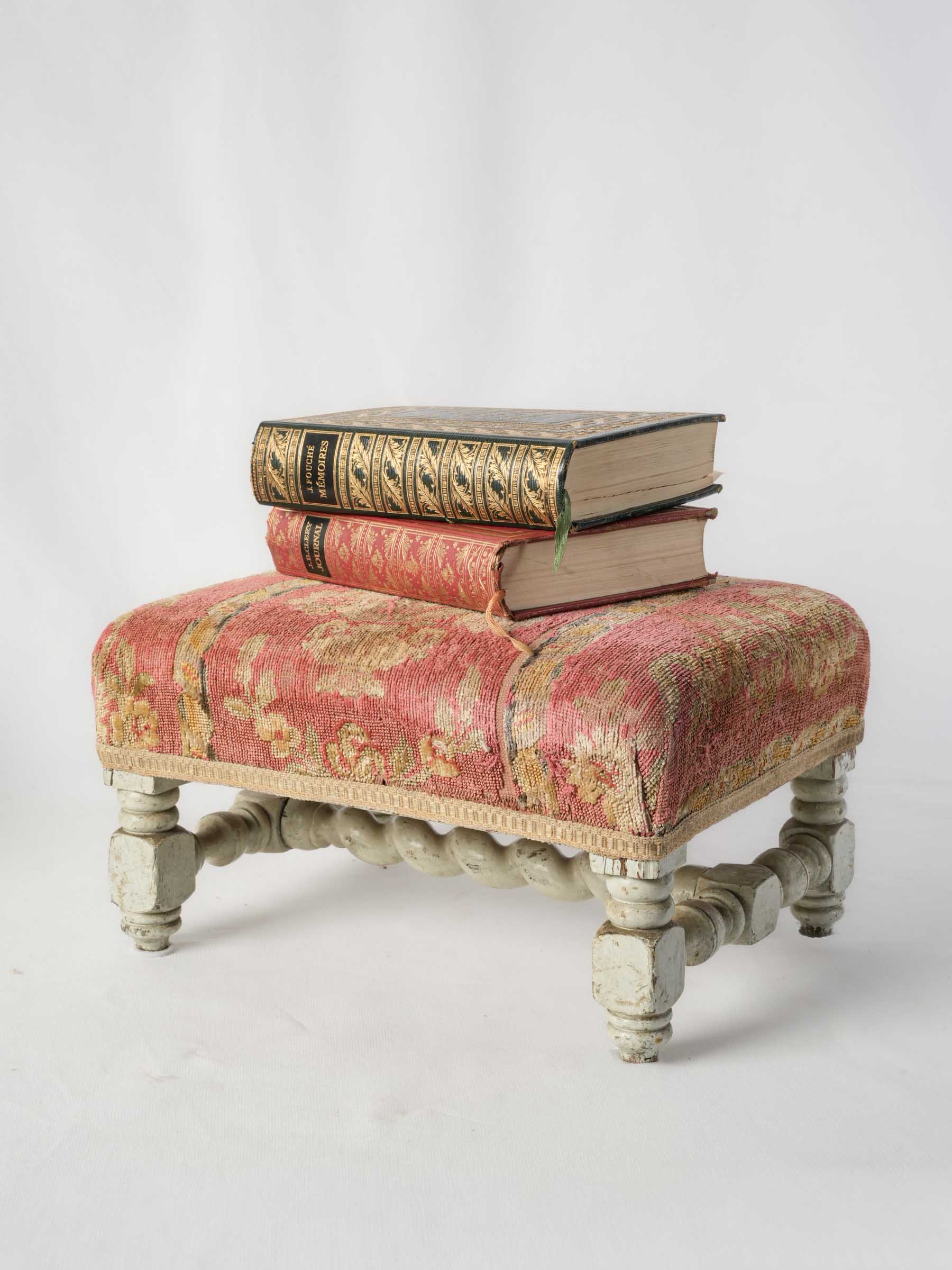 Antique French Painted Wood Footrest with Floral Tapestry Upholstery