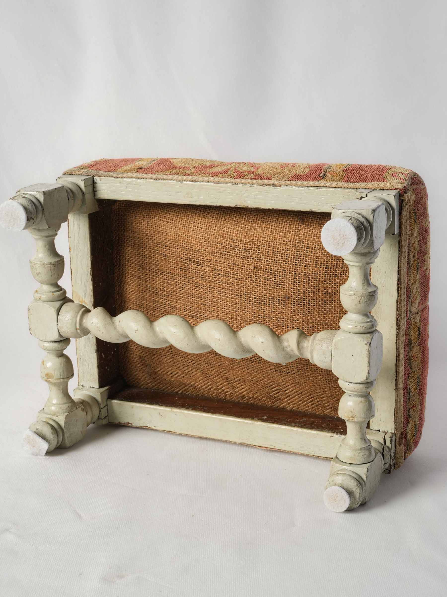 Antique French Painted Wood Footrest with Floral Tapestry Upholstery