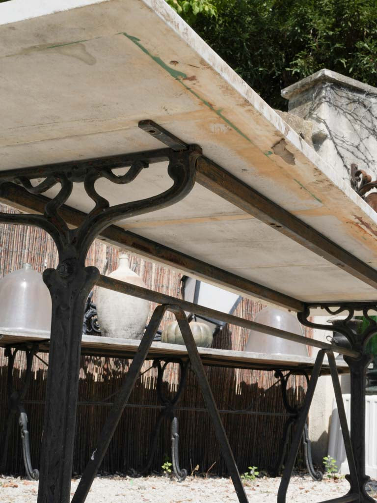 Large Art Deco French Bistro Table W/ Cast Iron Base & Marble Top - 85" x 23¾"