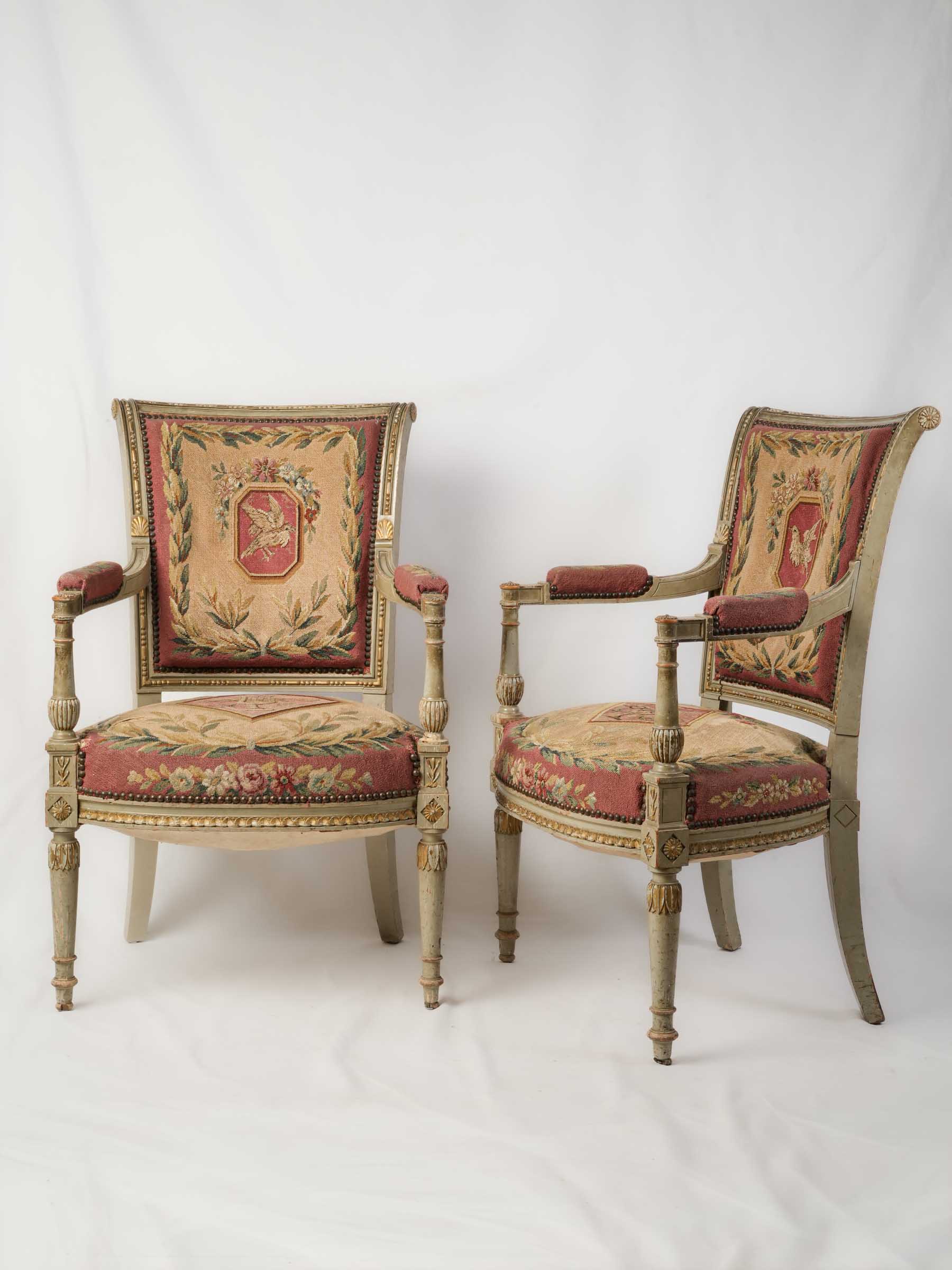 Pair of 19th-Century French Directoire-Style Armchairs w/ Original Tapestry Upholstery