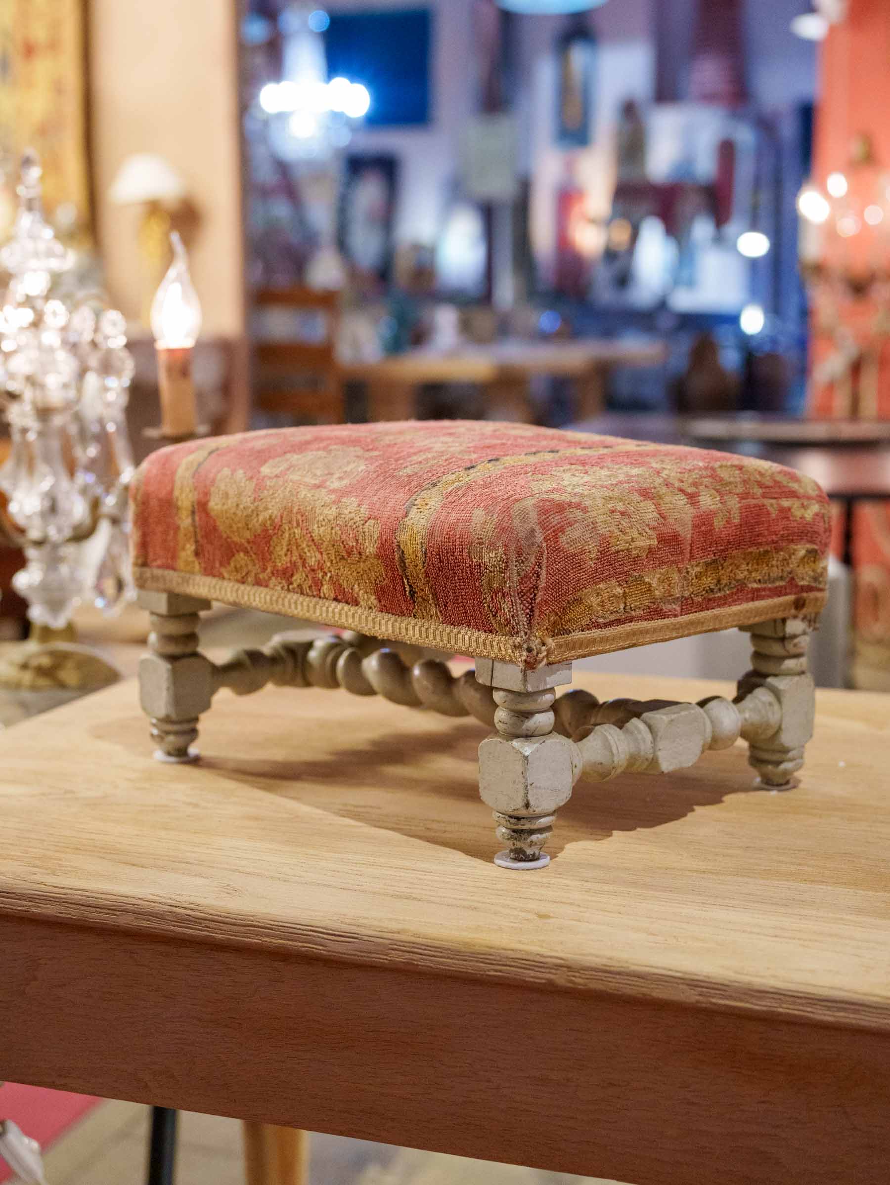 Antique French Painted Wood Footrest with Floral Tapestry Upholstery