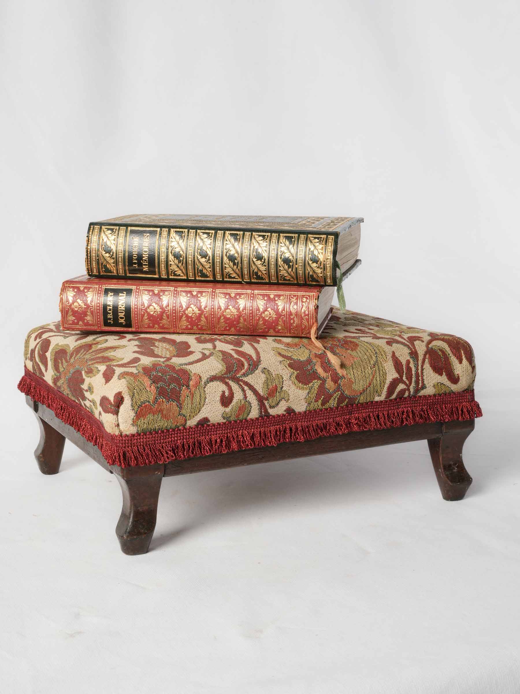 Antique French Footrest with Floral Upholstery and Fringe