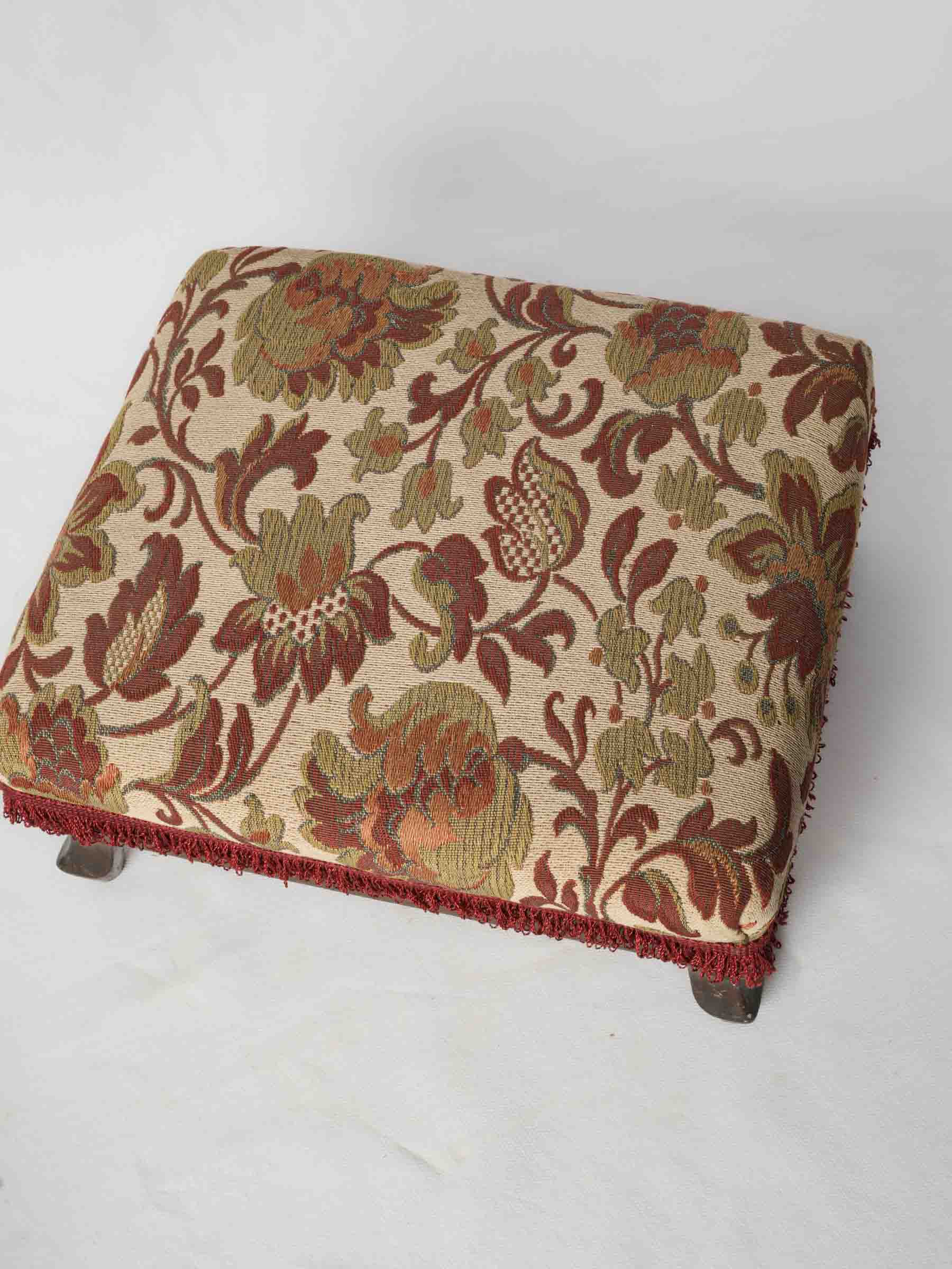Antique French Footrest with Floral Upholstery and Fringe