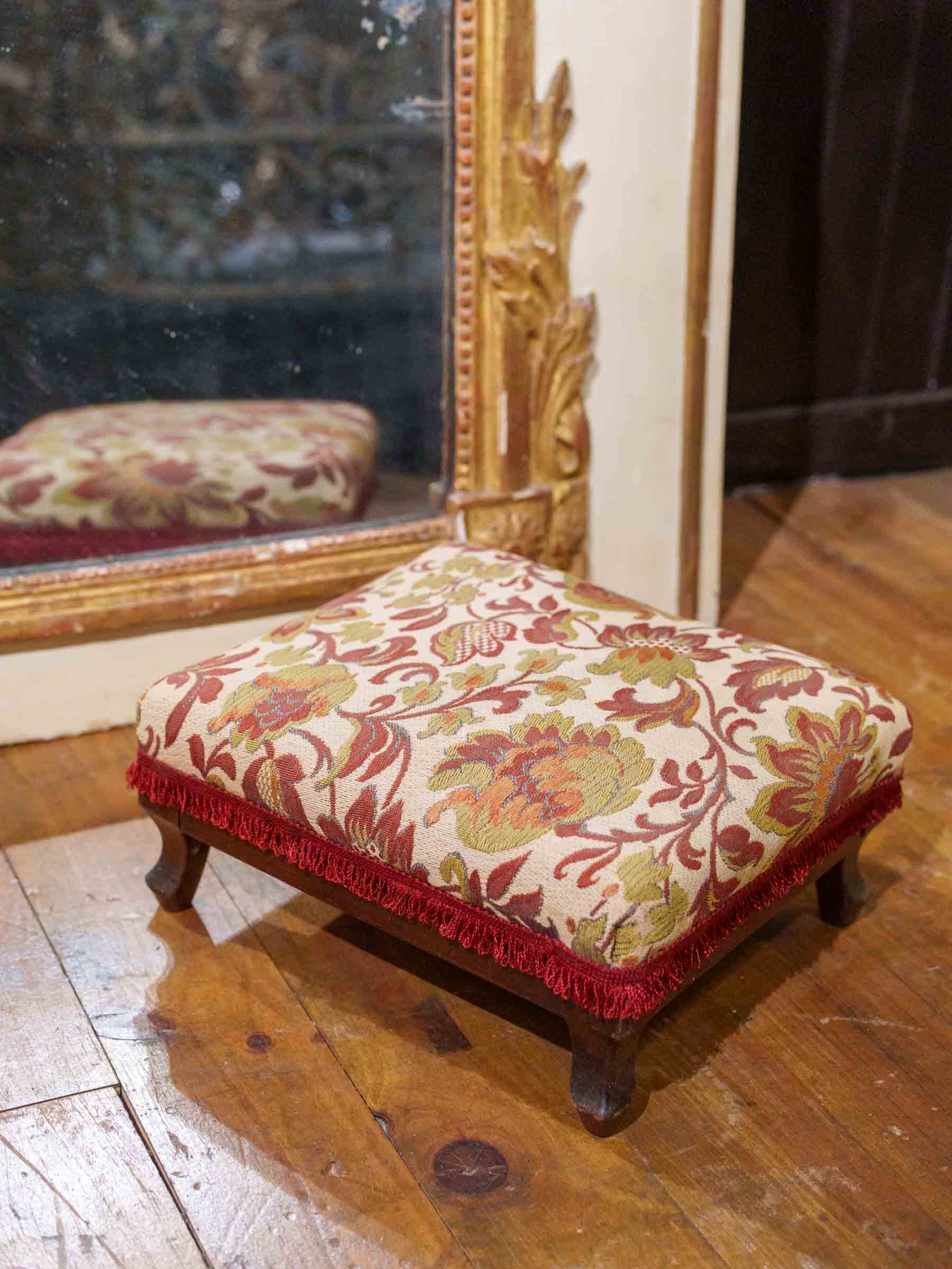 Antique French Footrest with Floral Upholstery and Fringe
