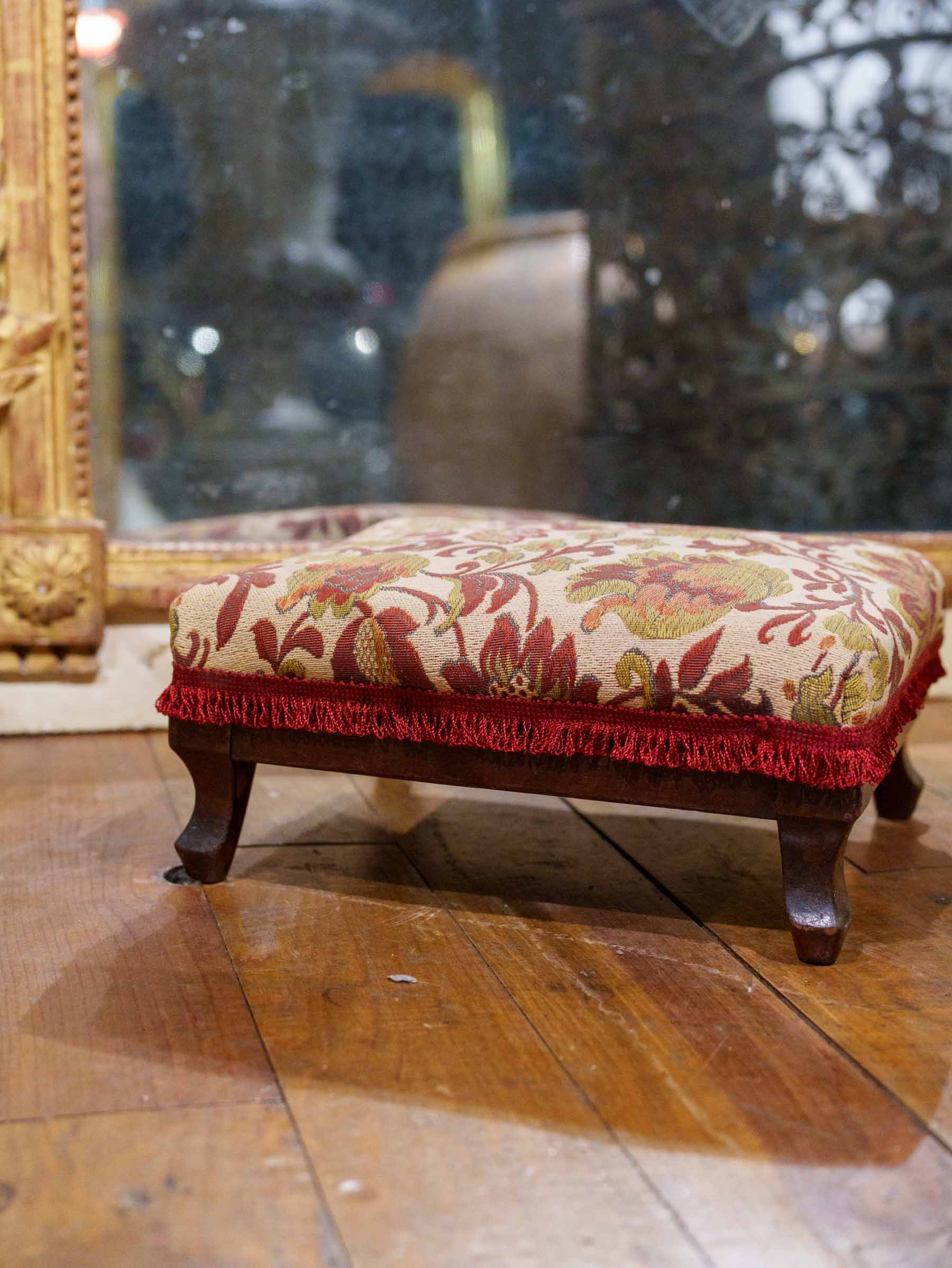 Antique French Footrest with Floral Upholstery and Fringe