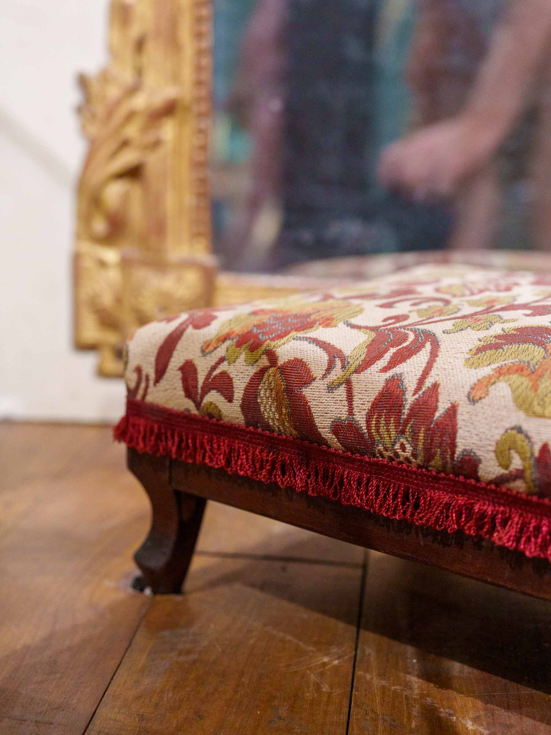 Antique French Footrest with Floral Upholstery and Fringe