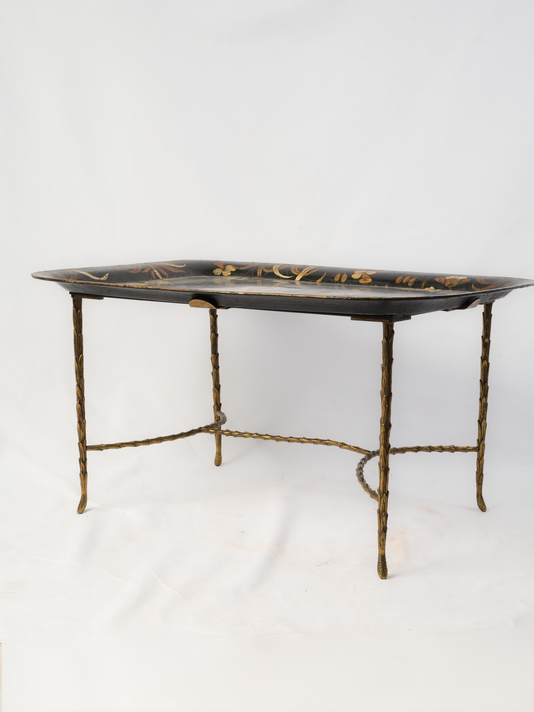 Elegant Gilt Brass Coffee Table w/ Hand-Painted Chinoiserie Tray, circa 1950 - 17¼" x 31½" x 24¾"