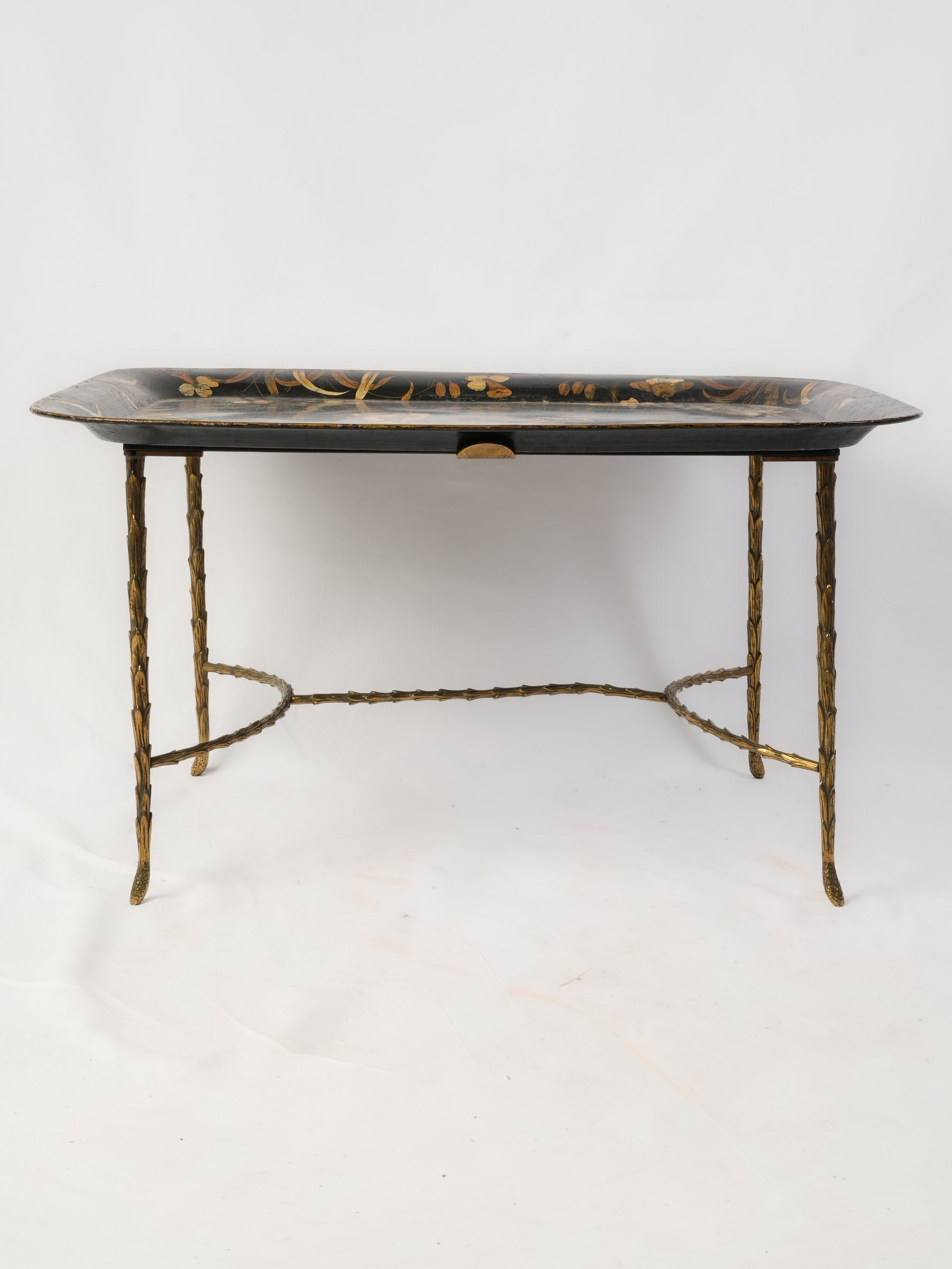 Elegant Gilt Brass Coffee Table w/ Hand-Painted Chinoiserie Tray, circa 1950 - 17¼" x 31½" x 24¾"