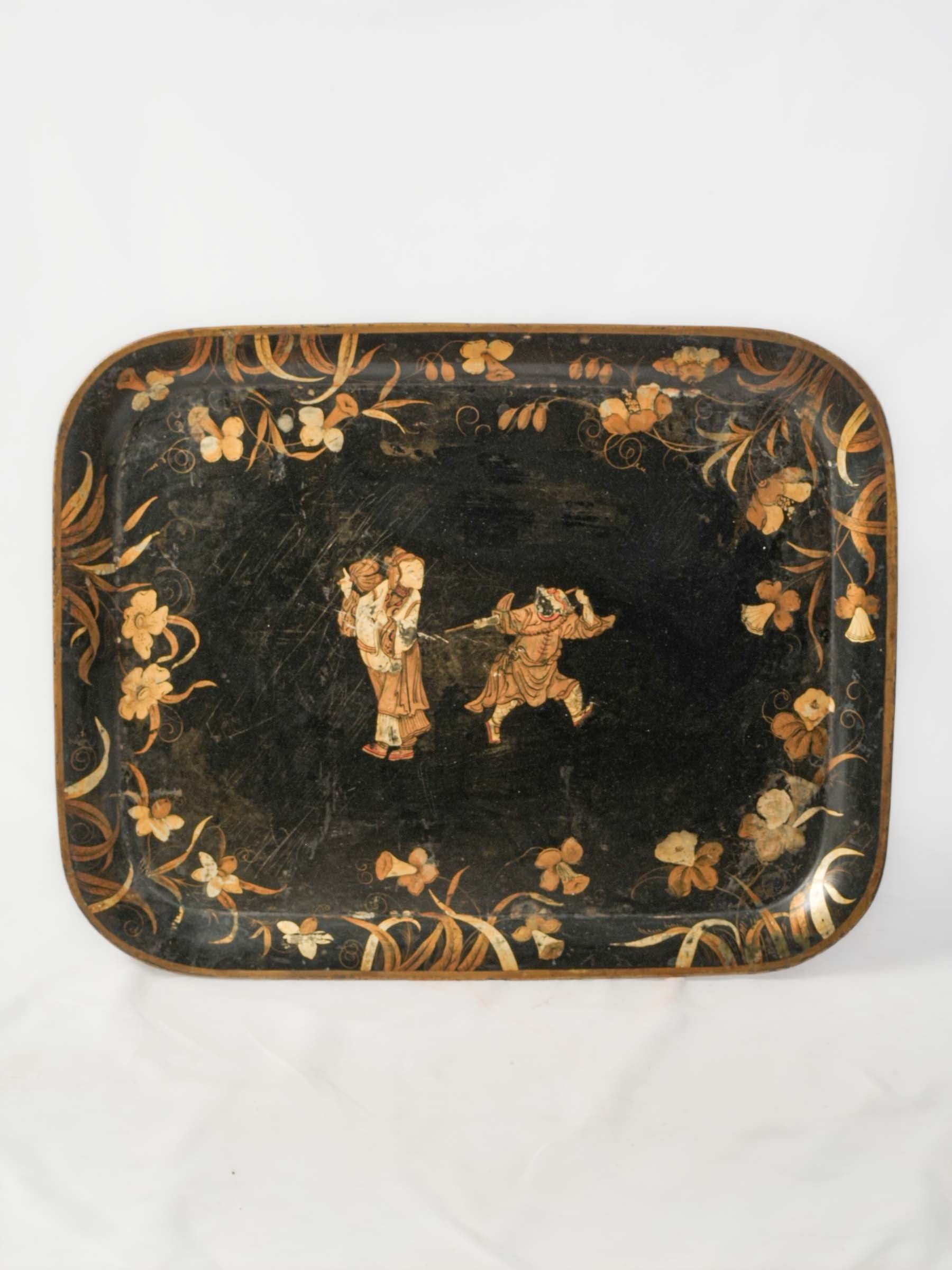 Elegant Gilt Brass Coffee Table w/ Hand-Painted Chinoiserie Tray, circa 1950 - 17¼" x 31½" x 24¾"