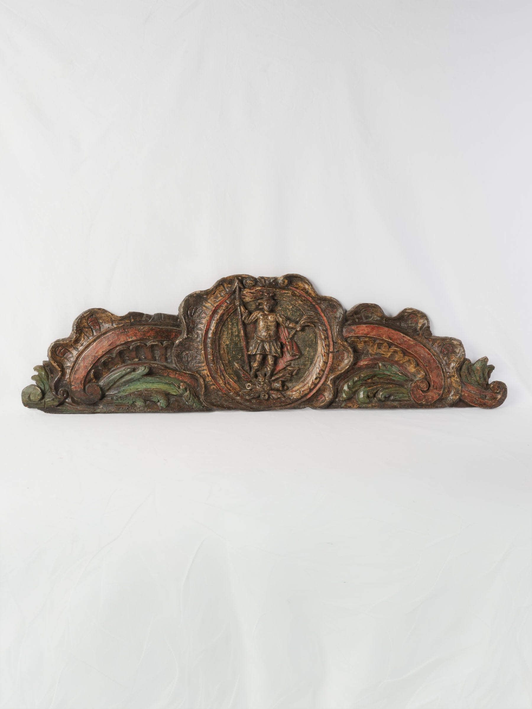 18th-Century Spanish Carved Overdoor Panel w/ Warrior Medallion- 15" x 50¾"