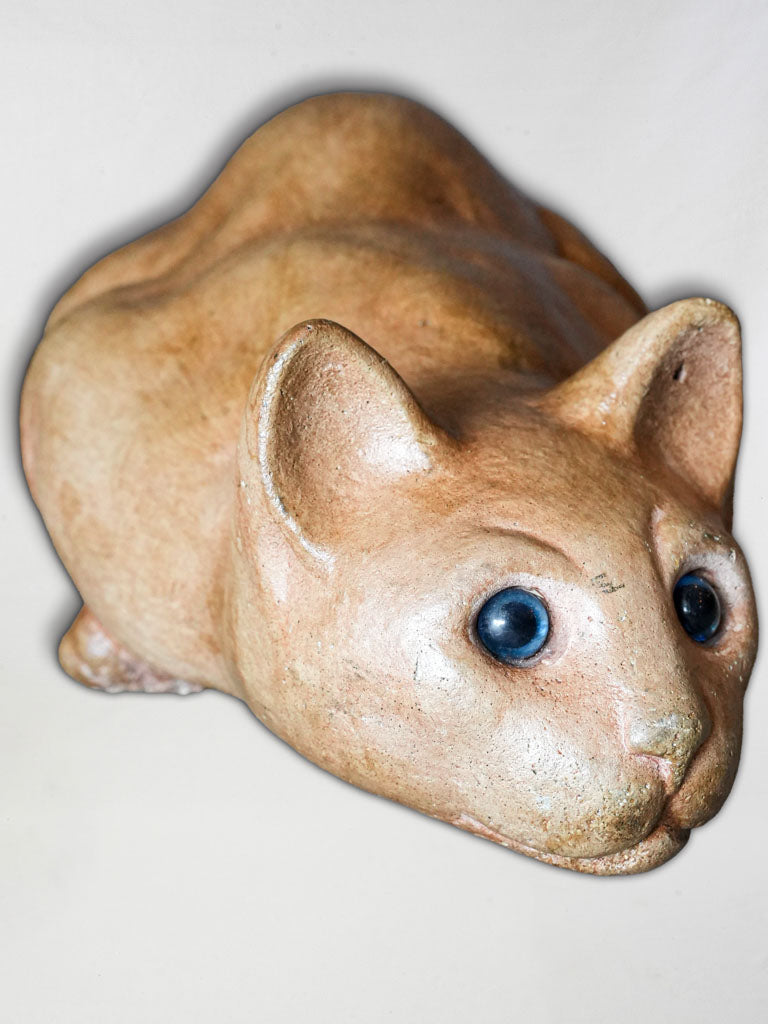 Expressive 1930s French Terracotta Cat w/ Sulfide Glass Eyes - 13¾"