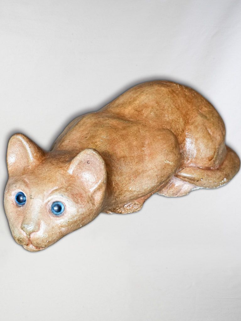 Expressive 1930s French Terracotta Cat w/ Sulfide Glass Eyes - 13¾"
