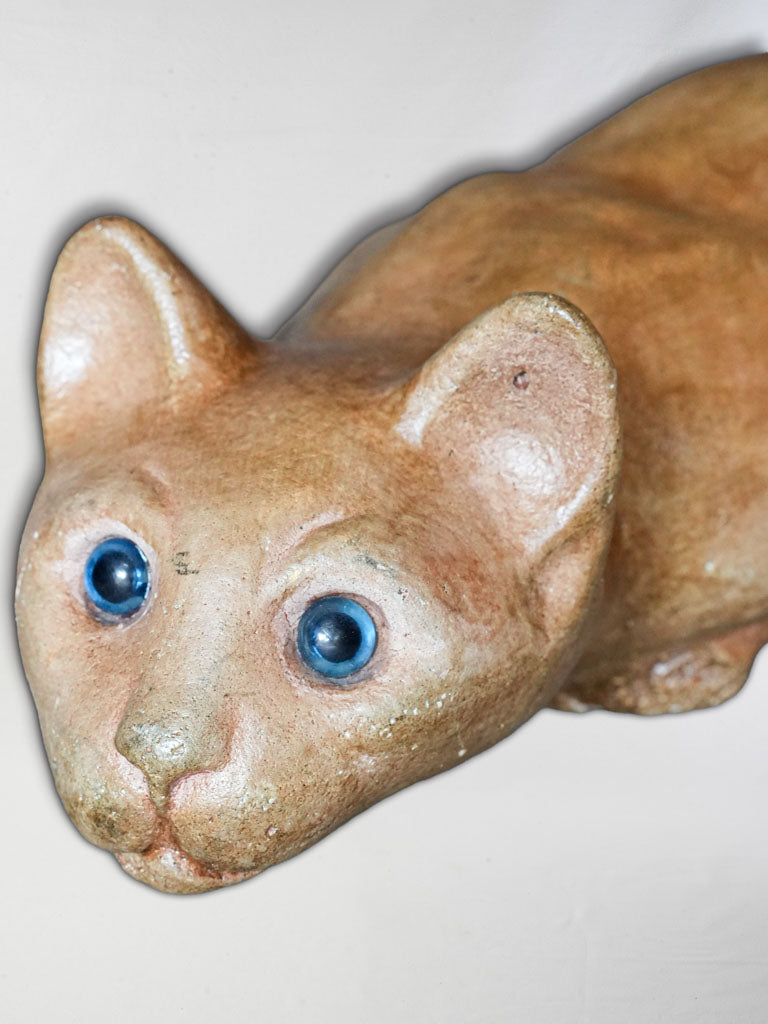 Expressive 1930s French Terracotta Cat w/ Sulfide Glass Eyes - 13¾"