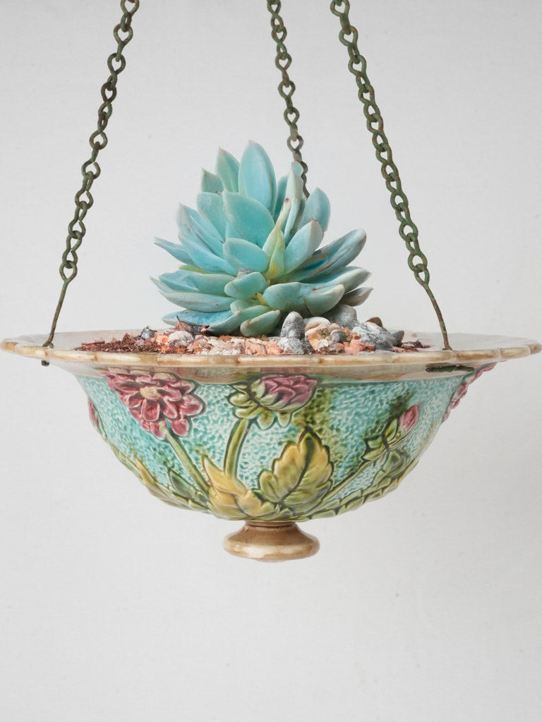 Exquisite Early 20th Century French Majolica Hanging Planter with Pink  Dahlia Design