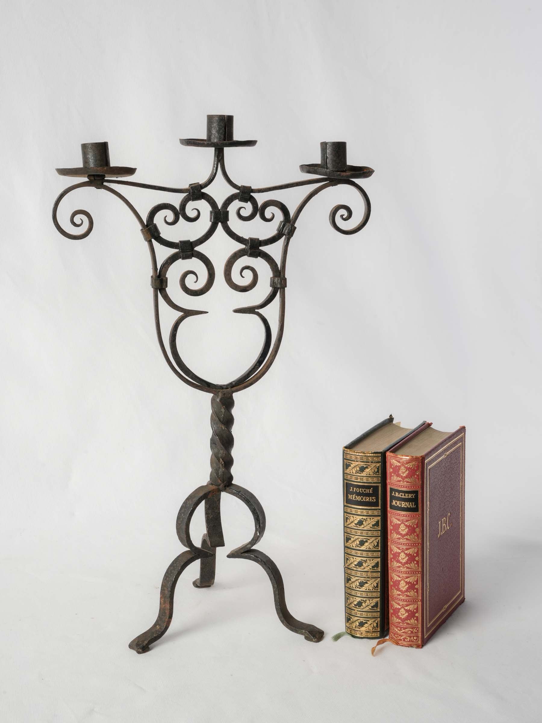 Hand-Forged Three-Light Wrought-Iron Candlestick, Early 20th Century - 22½"