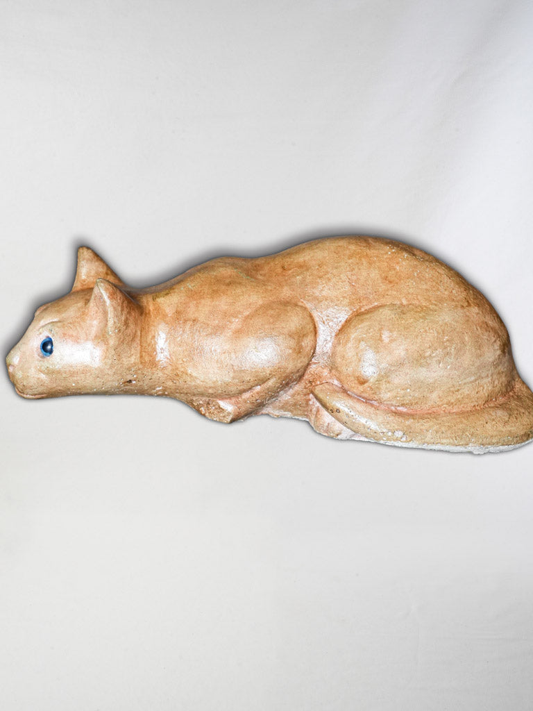 Expressive 1930s French Terracotta Cat w/ Sulfide Glass Eyes - 13¾"