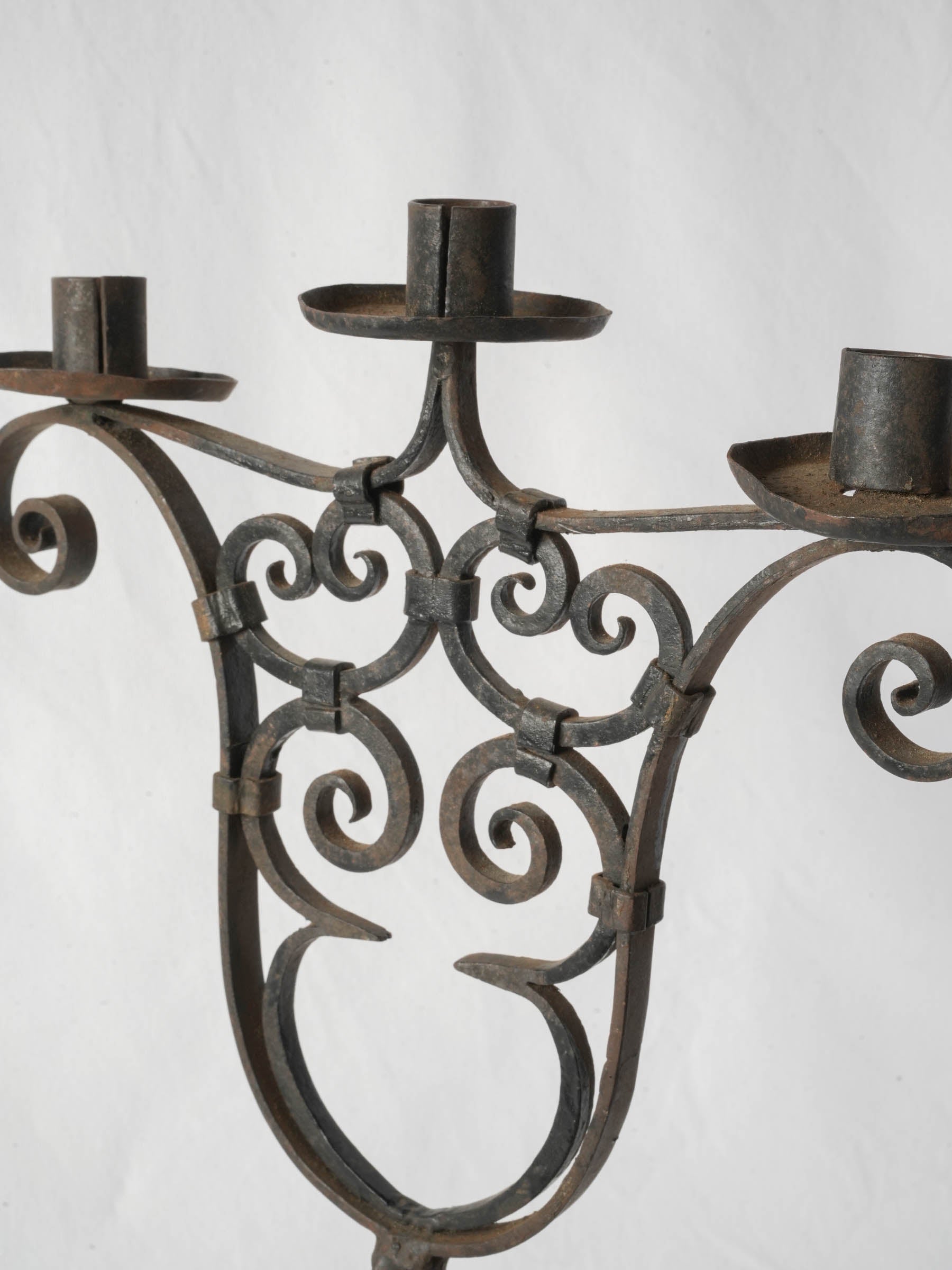 Hand-Forged Three-Light Wrought-Iron Candlestick, Early 20th Century - 22½"