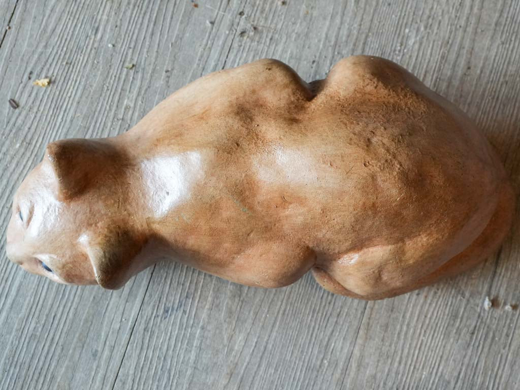Expressive 1930s French Terracotta Cat w/ Sulfide Glass Eyes - 13¾"