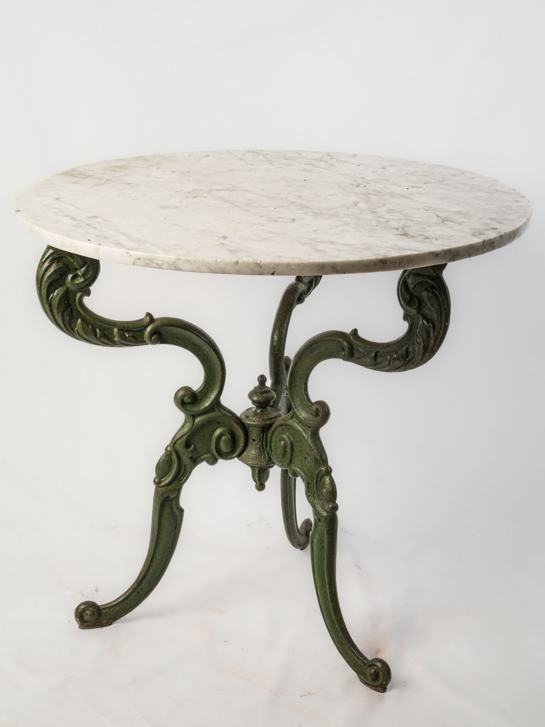Antique Cast-Iron Garden Table w/ Marble Top and Green-Painted Base, circa 1900 - 30" x 32"