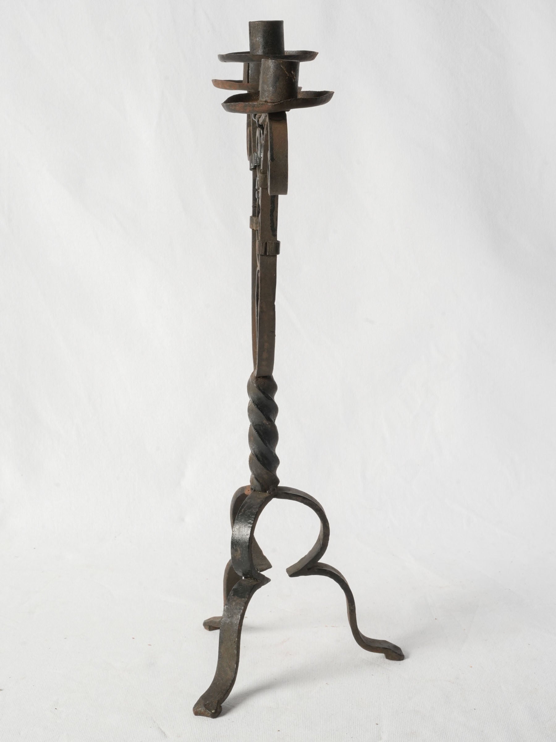 Hand-Forged Three-Light Wrought-Iron Candlestick, Early 20th Century - 22½"