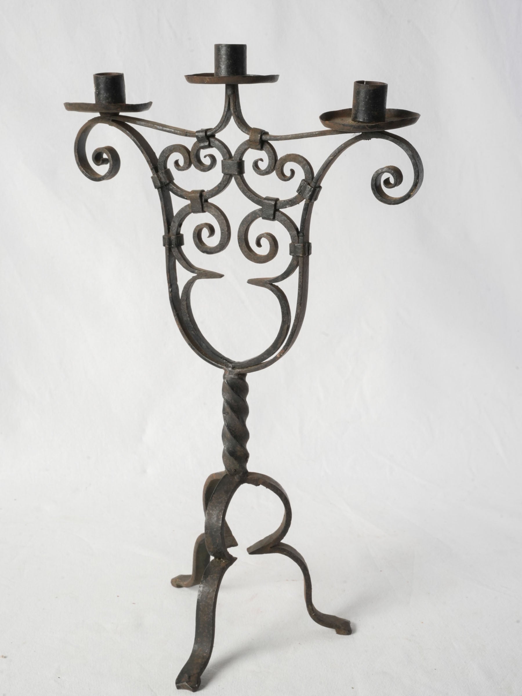 Hand-Forged Three-Light Wrought-Iron Candlestick, Early 20th Century - 22½"