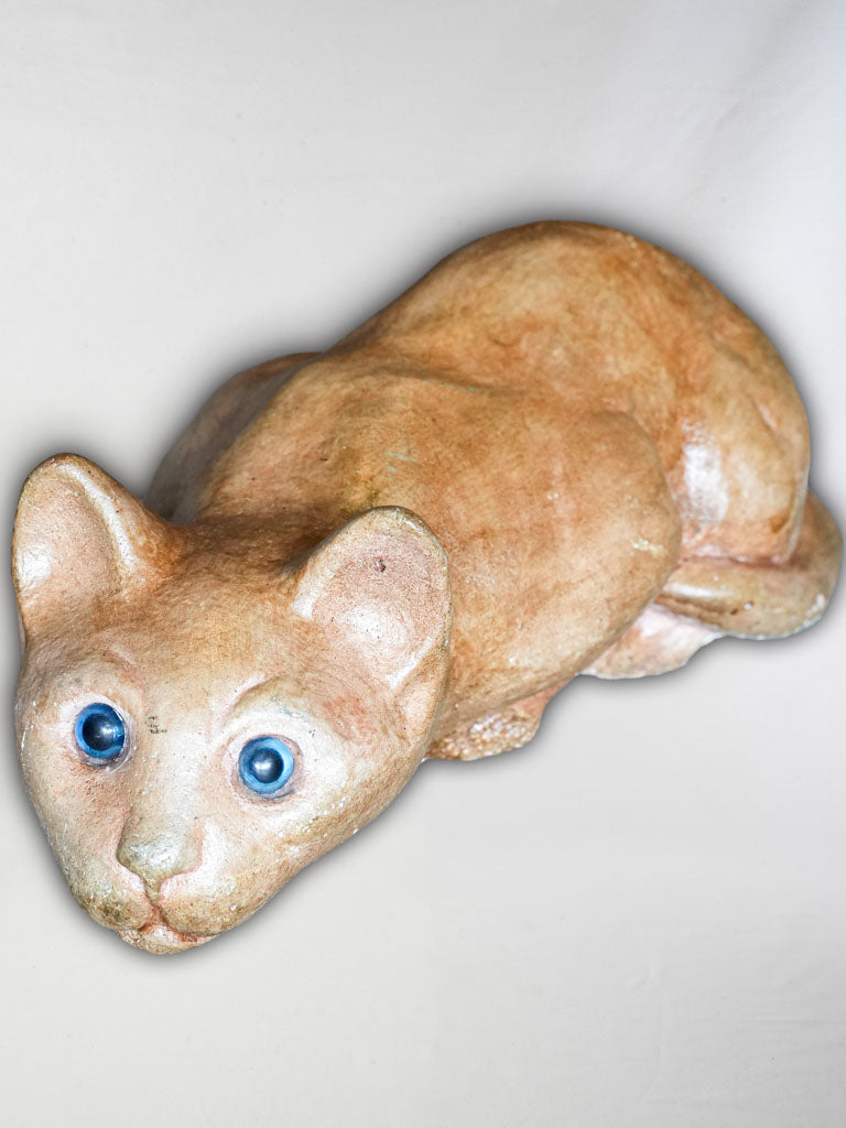 Expressive 1930s French Terracotta Cat w/ Sulfide Glass Eyes - 13¾"
