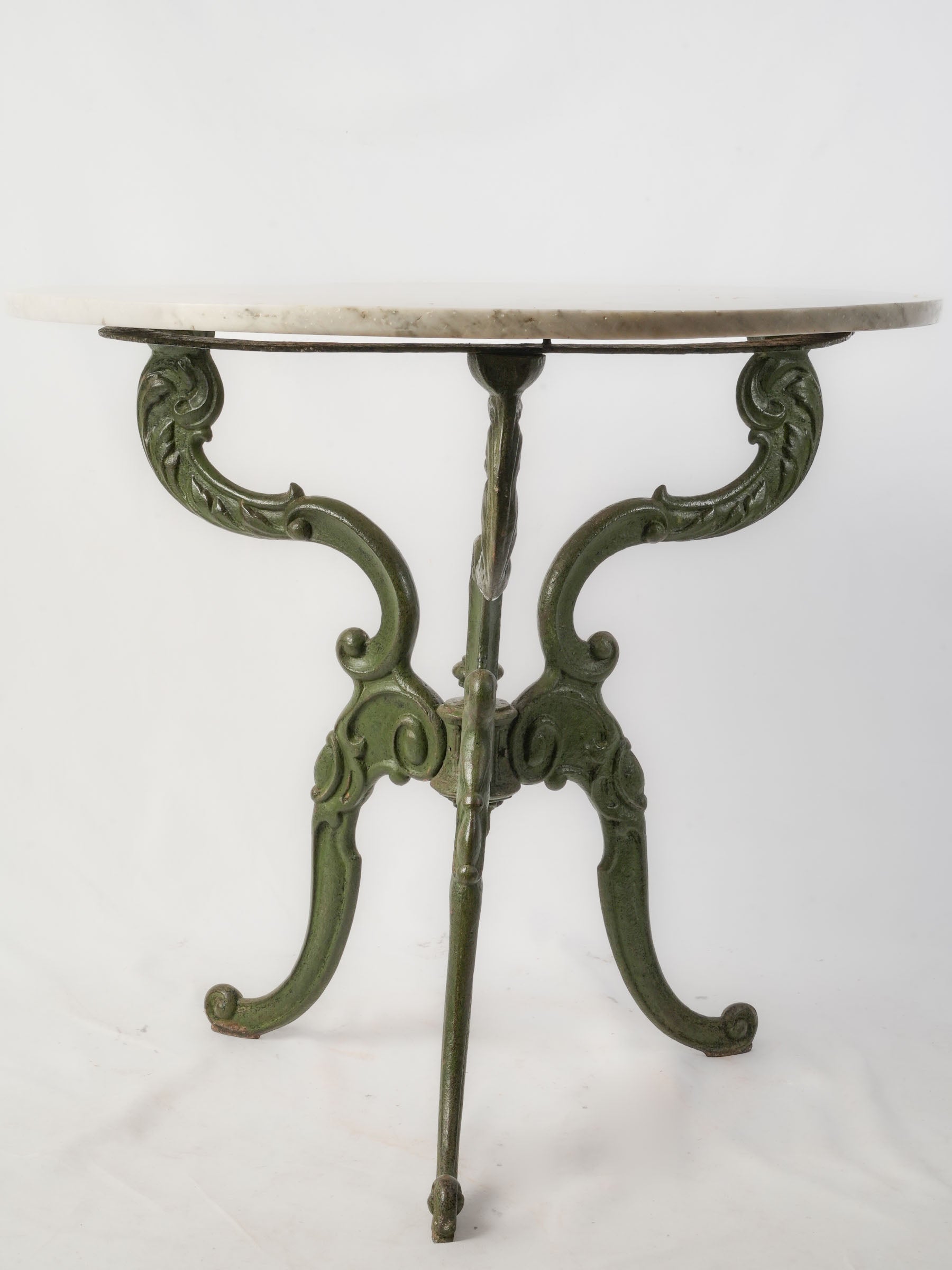 Antique Cast-Iron Garden Table w/ Marble Top and Green-Painted Base, circa 1900 - 30" x 32"