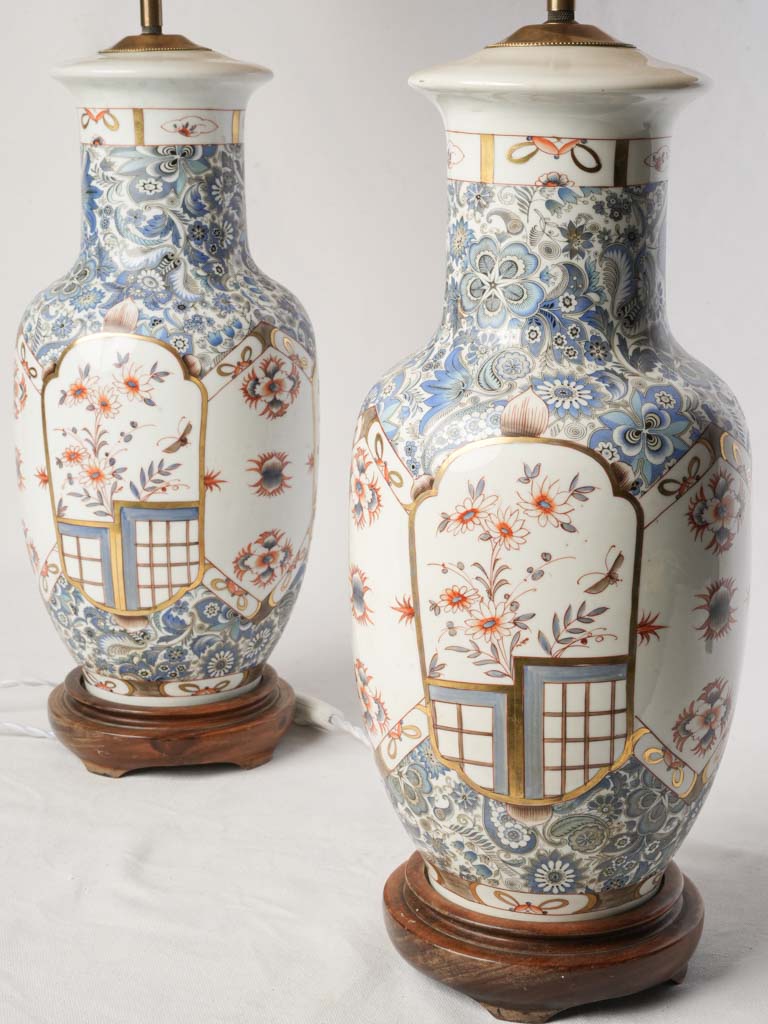 Pair of Tall Mid-20th Century Limoges Porcelain Chinoiserie Lamps w/ Jute Shades - 33"