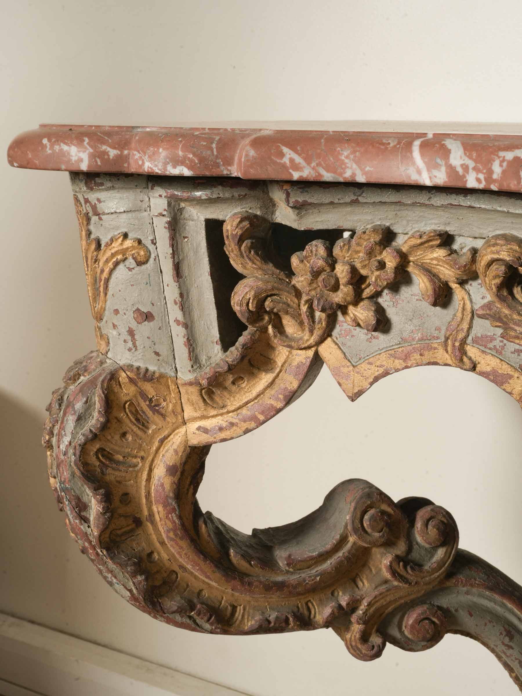 Exuberant Italian Rococo Carved Wall Console w/ Red Marble Top, 18th Century - 36½" wide