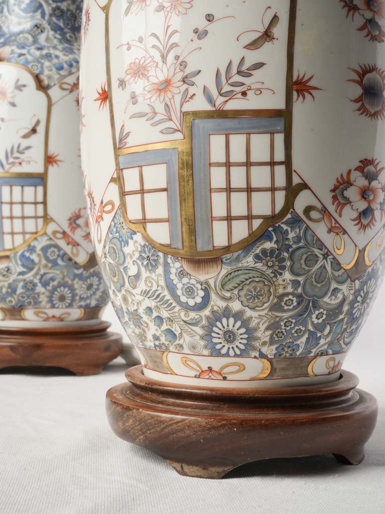 Pair of Tall Mid-20th Century Limoges Porcelain Chinoiserie Lamps w/ Jute Shades - 33"