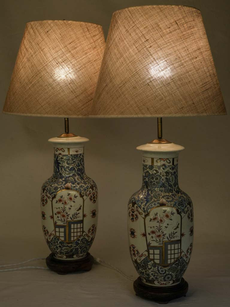 Pair of Tall Mid-20th Century Limoges Porcelain Chinoiserie Lamps w/ Jute Shades - 33"