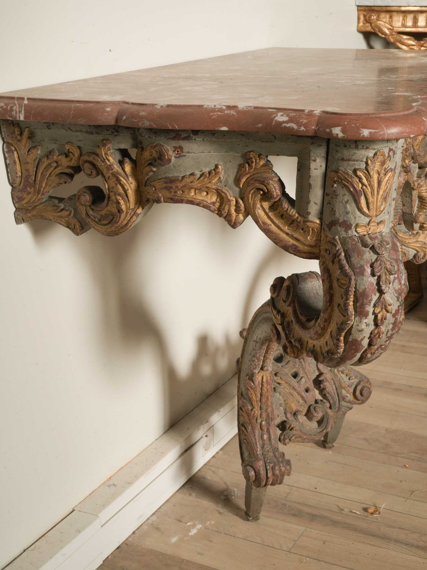 Exuberant Italian Rococo Carved Wall Console w/ Red Marble Top, 18th Century - 36½" wide