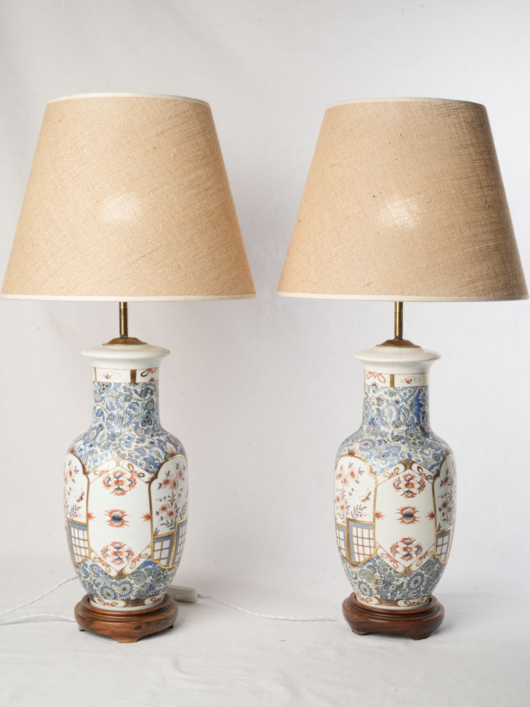 Pair of Tall Mid-20th Century Limoges Porcelain Chinoiserie Lamps w/ Jute Shades - 33"