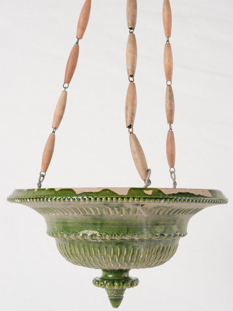 Dark green hanging flower planter w/ wooden beads 10¾"