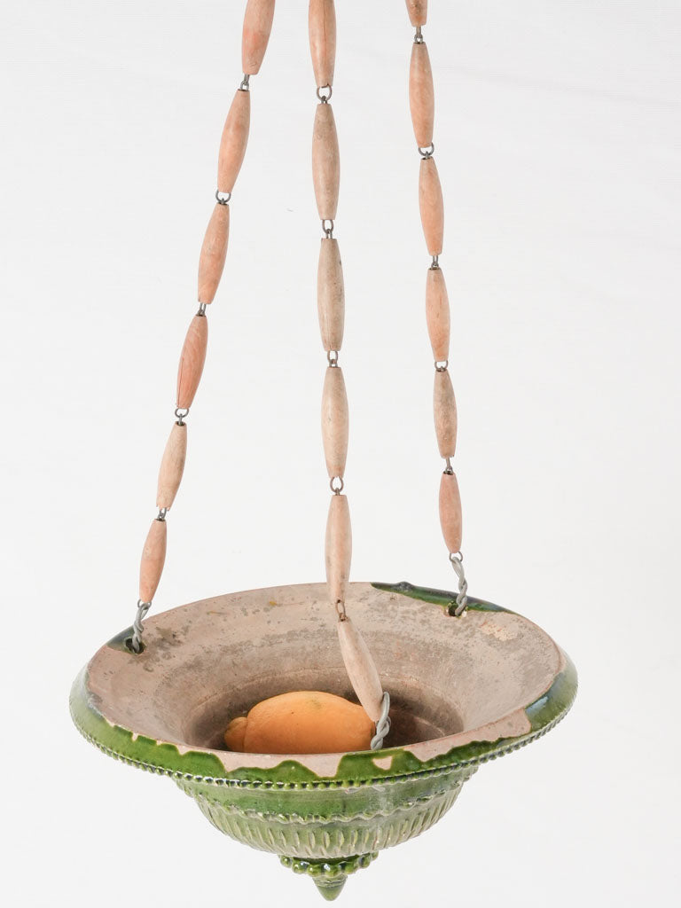 Dark green hanging flower planter w/ wooden beads 10¾"