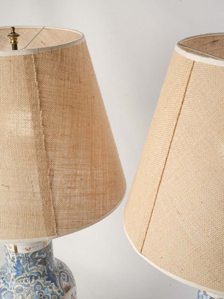 Pair of Tall Mid-20th Century Limoges Porcelain Chinoiserie Lamps w/ Jute Shades - 33"