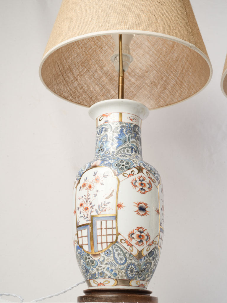 Pair of Tall Mid-20th Century Limoges Porcelain Chinoiserie Lamps w/ Jute Shades - 33"
