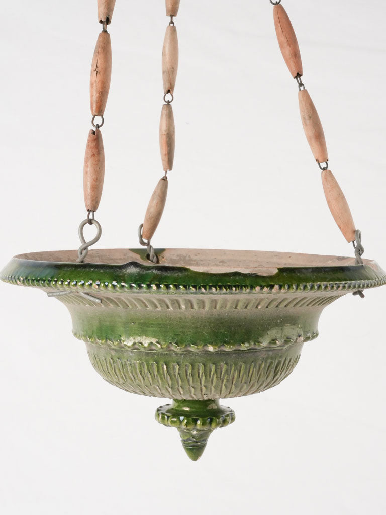 Dark green hanging flower planter w/ wooden beads 10¾"