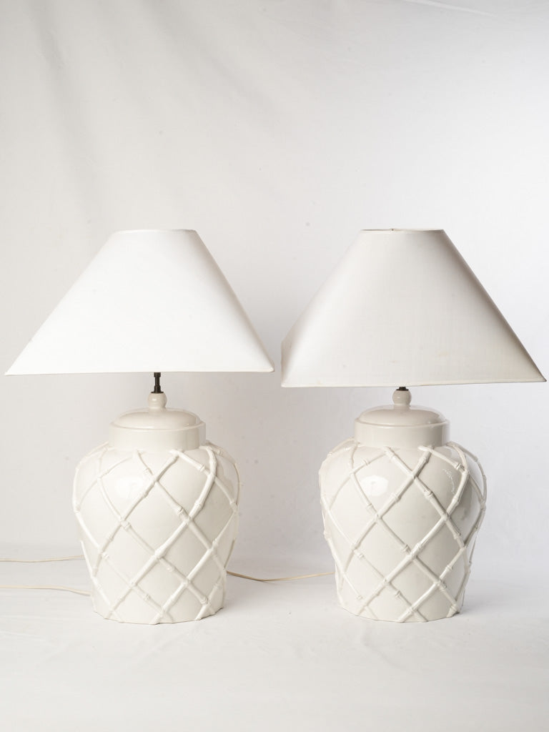 Pair of 1970s White Ceramic Ginger Jar Table Lamps w/ Faux-Bamboo Trellis - 28"