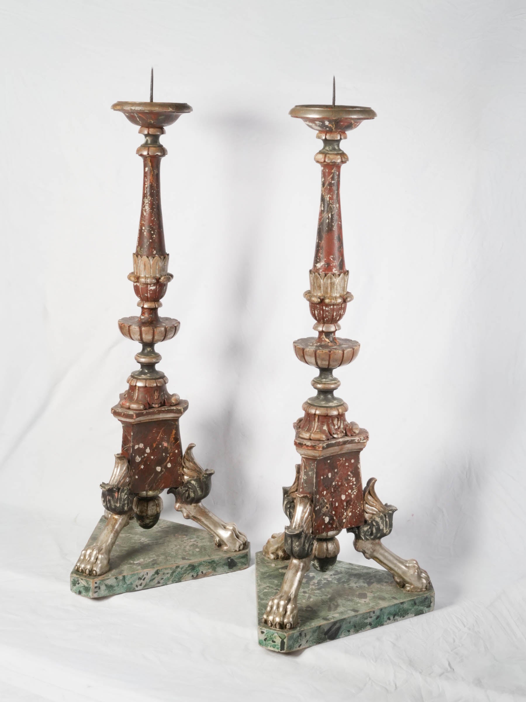 Spectacular Pair of Italian Baroque Polychrome & Silver-Leaf Torcheres, c. 1700 - 68½"