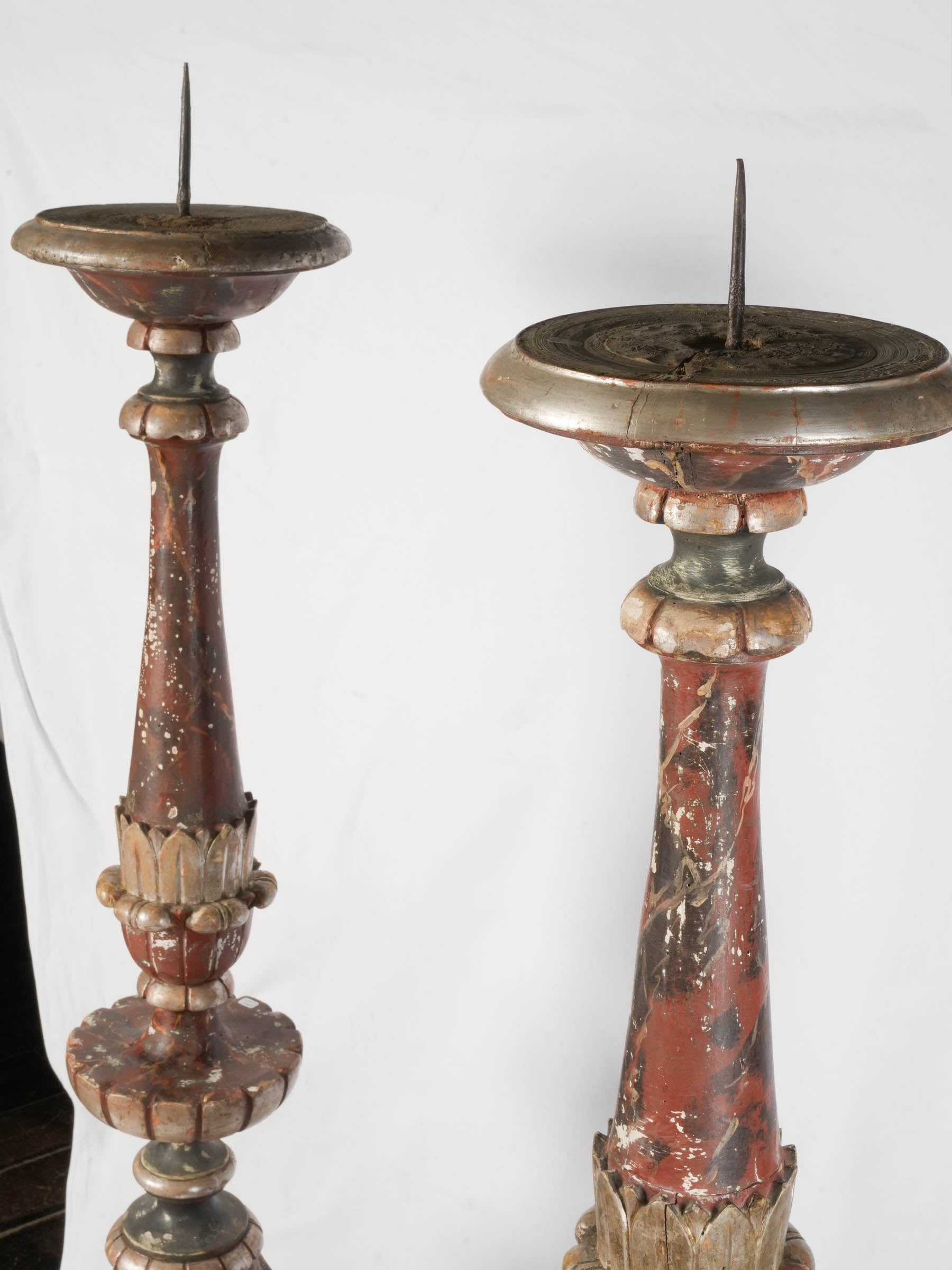 Spectacular Pair of Italian Baroque Polychrome & Silver-Leaf Torcheres, c. 1700 - 68½"